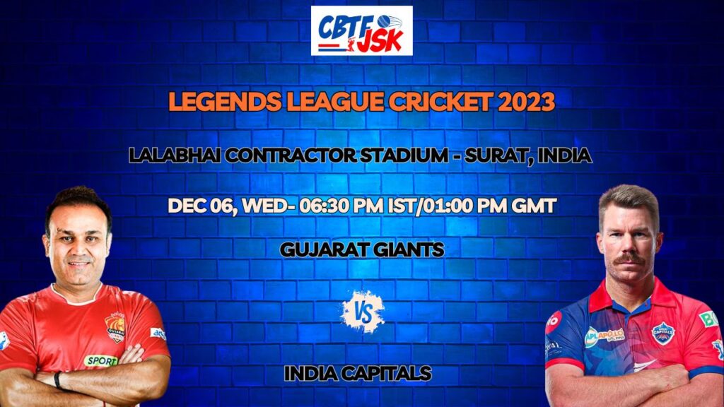 Gujarat Giants vs India Capitals T20 Today Match Prediction & Live Odds - Eliminator Legends League Cricket 2023