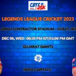 Gujarat Giants vs India Capitals T20 Today Match Prediction & Live Odds - Eliminator Legends League Cricket 2023